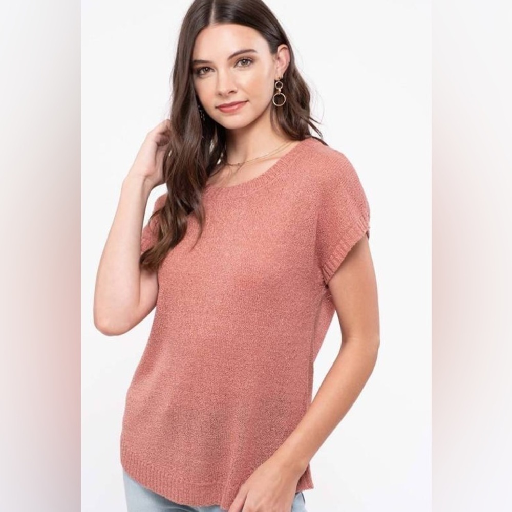 Mine Lace Up Back Knit Top Size Small Dusty Rose Short Sleeve Chic NWT - Picture 3 of 8